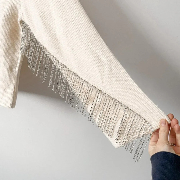 Zara Rhinestone Soft Knit Round Neck Sweater Ecru White  Size Medium NWT - Picture 10 of 14